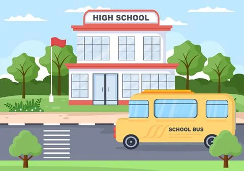 Back To School, Modern Building and Bus in the Front Yard With Some Children. Ilustración de archivo