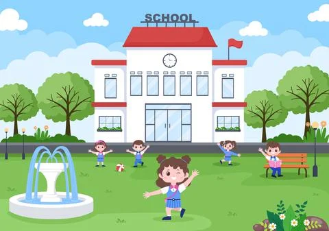 Back To School, Modern Building and Some Children Are Playing In The Front Ya Ilustración de archivo