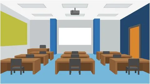 Back to School Modern empty classroom interior with wooden desks and chairs.. Stock Illustration