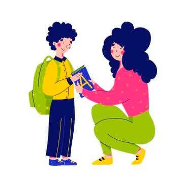 Back to school, mom and son, flat vector character illustration. Stock Illustration