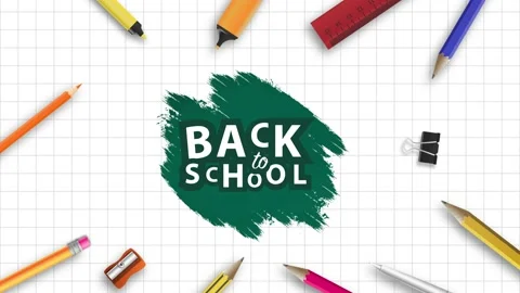 Back to School with multiple school items moving on white lined paper Stock Footage 137817076