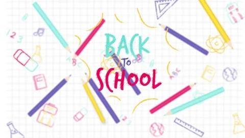 Back to School with multiple school items moving on white lined paper Stock Footage 137817444