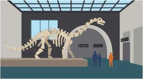 Back to School Museum exhibit featuring a large dinosaur skeleton visitors Stock Illustration