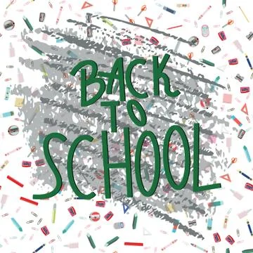 Back to school note on bright colors school supplies. Stock Illustration