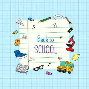 Back to school. Note paper template design with colored school activity objec Stock Illustration
