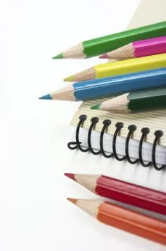 Back to school, notebook, crayons Stock Photos