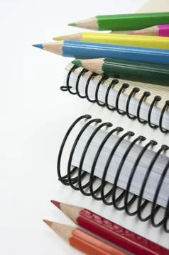 Back to school, notebook, crayons Stock Photos