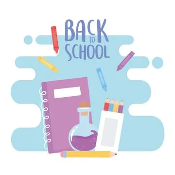 Back to school, notebook laboratory flask pencil color education cartoon Stock Illustration