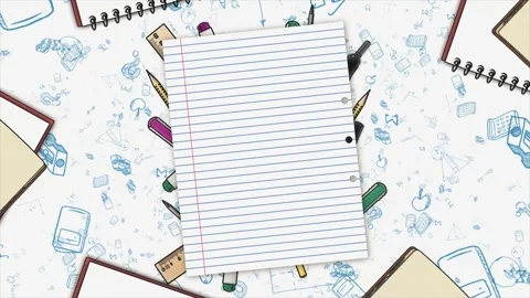 Back to School Notebook Paper Background with School Supplies and Education Stock Footage 341378875