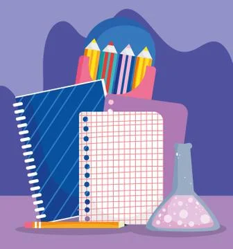 Back to school, notebook paper test tube and color pencils elementary education イラスト素材