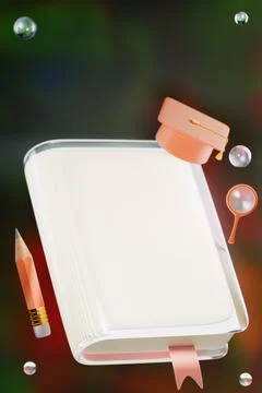Back to school.A notebook, pencil, and academic cap floating with bubbles Stock Illustration