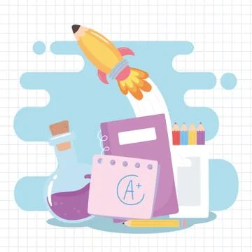Back to school, notebook pencils test tube and rocket education cartoon イラスト素材