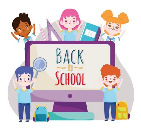 Back to School online class students character with computer Stock Illustration