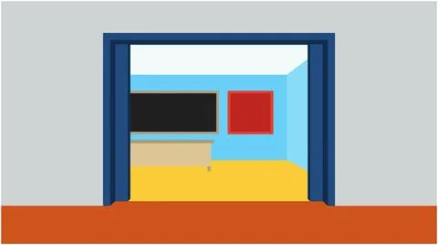 Back to School Open blue doors leading into a school classroom with classro.. Stock Illustration