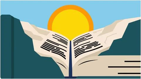 Back to School Open book with shining sun illustration mountains education .. Stock Illustration