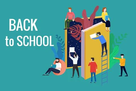 Back to school, open book with students stand and open the book of knowledge 库存插图