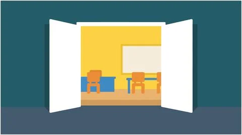 Back to School Open doors revealing a school classroom interior with classr.. Stock Illustration