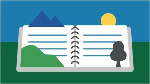 Back to School Open notebook with mountain and tree illustrations notebook .. Stock Illustration