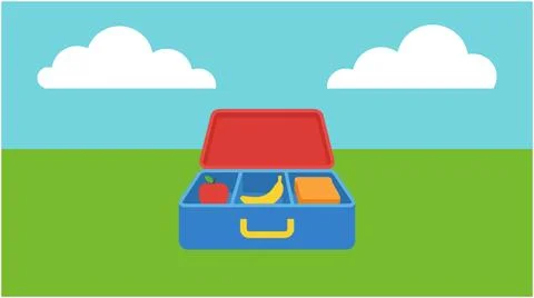 Back to School Open school lunch box with healthy snacks in a grassy park l.. Stock Illustration