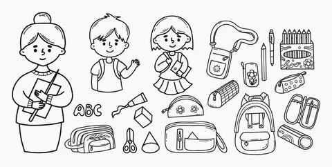 Back to School. Outline Doodle Set. Cute Female Teacher, Pupils Boy Girl, B.. Stock Illustration