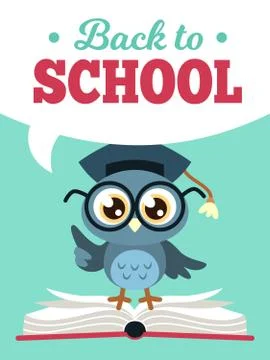 Back to school owl. Wise owl in graduate cap with books, learning education kids Stock Illustration