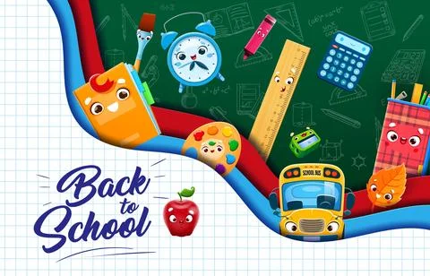 Back to school paper cut banner bus and stationery Stock Illustration