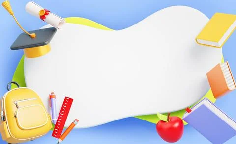 Back to school paper cut wave poster 3d render. Blank white banner frame with Illustrazione stock