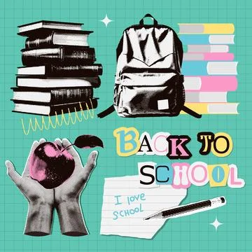 Back to school paper elements set. 90sstyle mixed media collage with halftone Stock Illustration