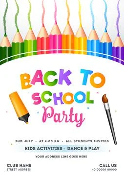Back to School Party Invitation Template with Venue Details for Kids Activi.. Stock Illustration