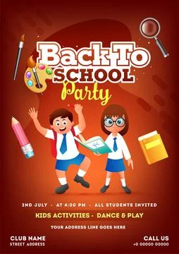 Back to School Party Invitation Template with Cartoon Students Character an.. イラスト素材