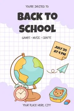 Back to school party poster with globe and food Illustrazione stock