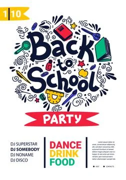 Back to school party poster. School dance party flyer. Stock Illustration