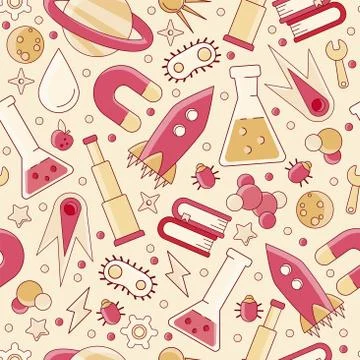 Back to school pattern. Science flat seamless pattern with scientific elements - Illustrazione stock