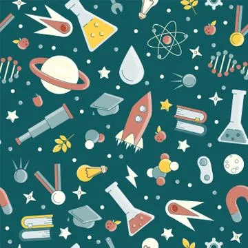 Back to school pattern. Science flat seamless pattern with scientific elements - Illustrazione stock