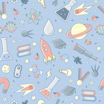 Back to school pattern. Science flat seamless pattern with scientific elements - Illustrazione stock
