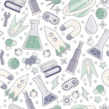 Back to school pattern. Science flat seamless pattern with scientific elements - Illustrazione stock