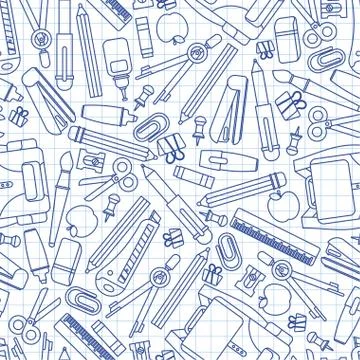 Back to school pattern seamless notebook sheet. Study supplies background. Sc Stock Illustration