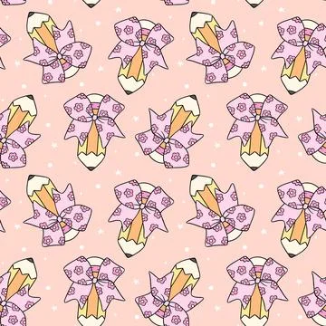 Back to School Pencil Bow Seamless Pattern Cute Coquette School Supplies Ha.. Stock Illustration
