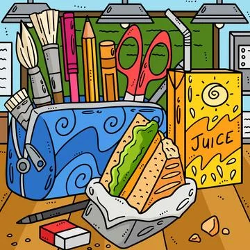 Back to School Pencil Case and Snacks Colored Stock Illustration