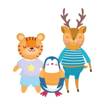 Back to school, penguin tiger deer with clothes cartoon Stock Illustration