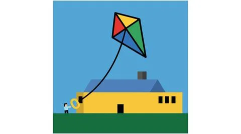 Back to School Person flying a kite in front of a yellow house with recreat.. Stock Illustration