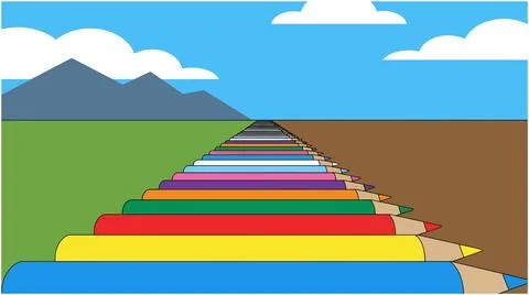 Back to School Perspective view of colorful pencils lined up with stationar.. Stock Illustration
