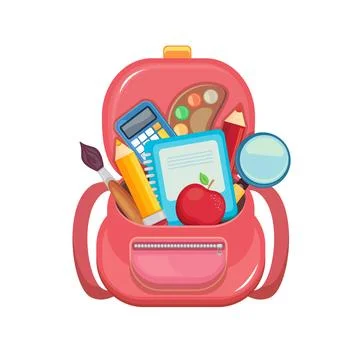 Back to school pink backpack vector illustration. Open pink rucksack filled with Stock Illustration