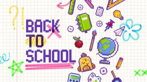 Back to school pixel art background with 8bit icon Stock Illustration