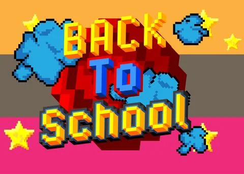 Back to School pixelated word with geometric graphic background. Vector car.. Stock Illustration