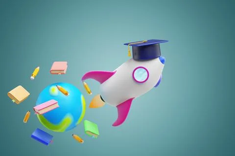 Back to school. Planet book rocket. Illustrazione stock