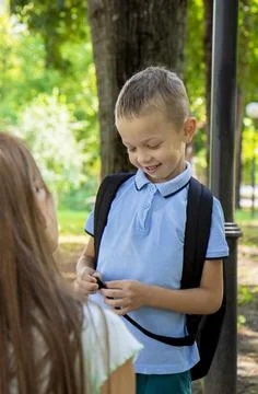 Back to school. Portrait of an elementary school student on the way to study. Foto stock