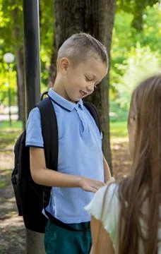Back to school. Portrait of an elementary school student on the way to study. Stock Photos