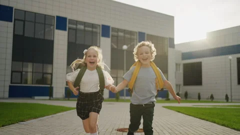 Back To School, Portrait Of Running Joyful School Kids With Backpack, Happy Video stock 249020928