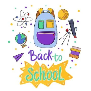 Back to school poster with backpack, books and study supplies. Vector Stock Illustration